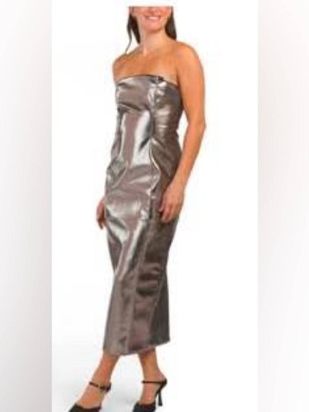NEW🩶❤️ Metallic Pewter Silver Strapless Midi Dress Faux Leather Glam Sexy Party - Picture 4 of 9